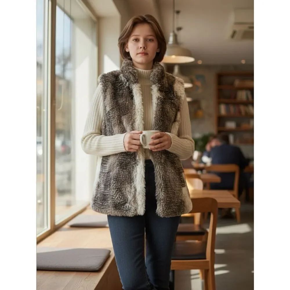 CAbi Aspen Plush Faux Fur Vest in Taupe & Cream Tones